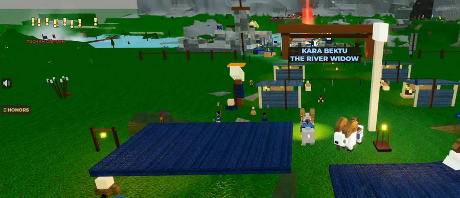 Kara Bektu's war camp in the live game, blue banners over the gate, her title The River Widow displayed above it, with goats and riders mustering below