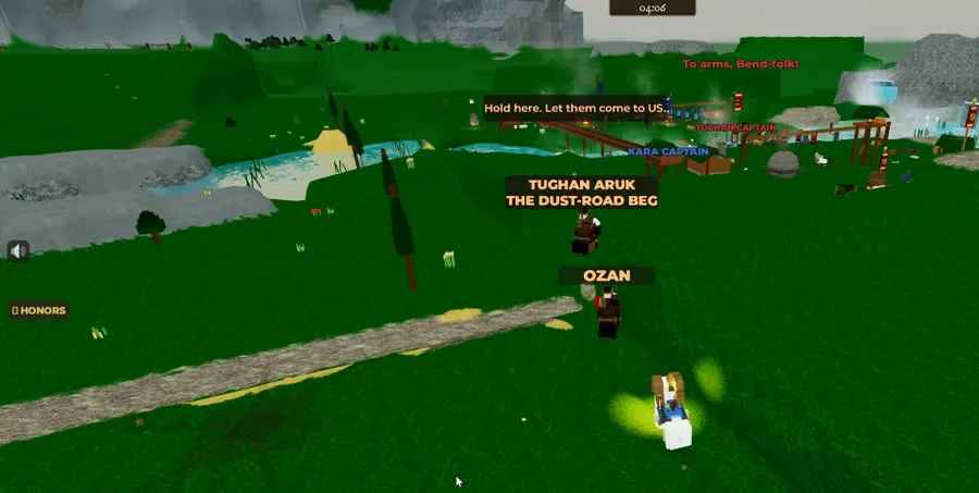 A battlefield with named commanders labelled Tughan Aruk the Dust-Road Beg, Ozan and Kara Captain, with shouted orders appearing above them
