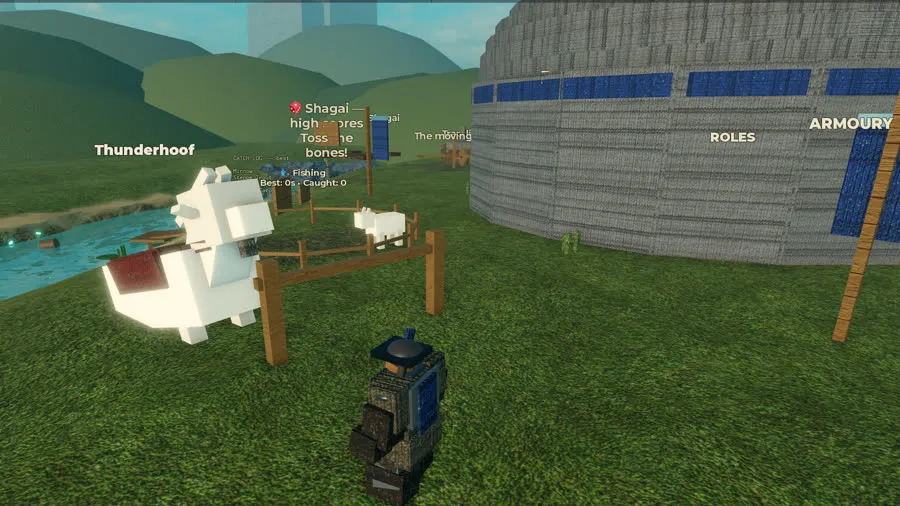 A player standing outside their ger beside a large named war goat, with a fishing spot, a stock pen and armoury signage nearby
