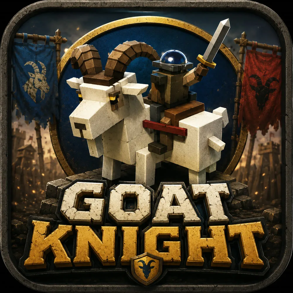 GOAT Knight key art: a small armored knight raising a sword astride an enormous blocky white war goat, between blue and red warband banners