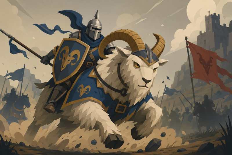 A mounted knight charging across a dusty open battlefield on a massive war goat, with blue and red warband silhouettes in the distance