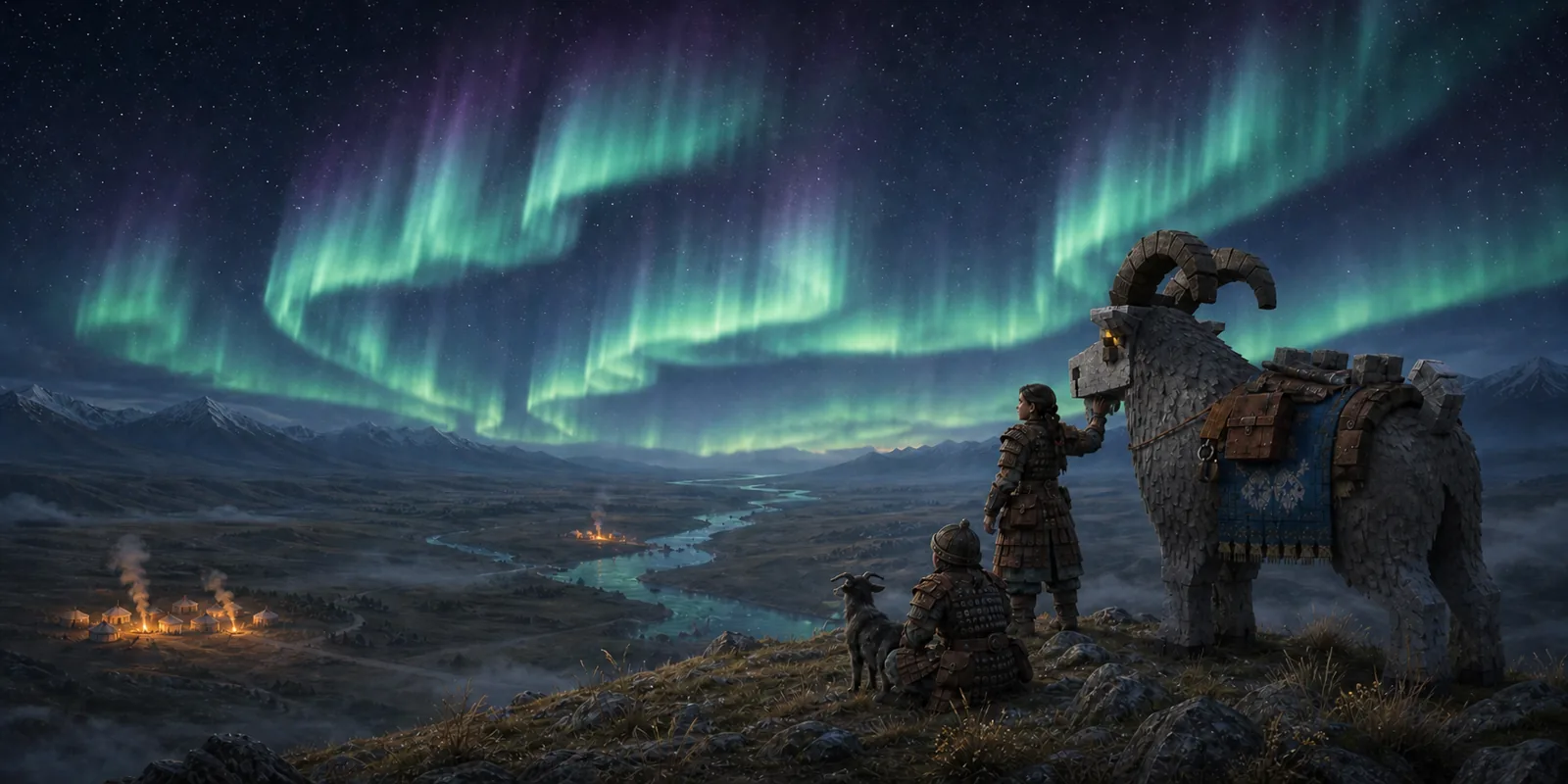 GOAT Knight concept art: a rider, companion and enormous horned goat watch an aurora above three fires in a broad river valley