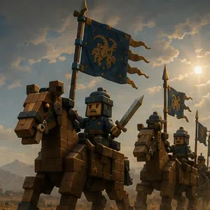 Blocky armored riders on horseback carrying blue warband banners across a plain