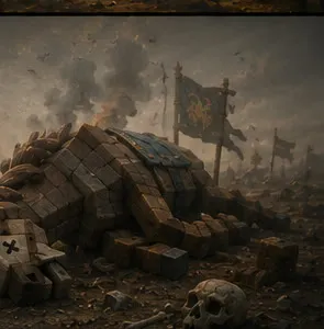 A fallen horse and abandoned banners on a smoke-covered battlefield