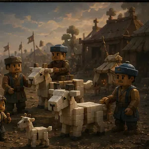 Villagers tending a pen of white goats bred progressively larger