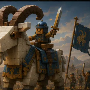 A knight in blue lamellar armor riding an enormous horned white war goat at sunrise
