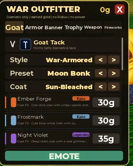The in-game War Outfitter shop, subtitled 'Cosmetic only, earned gold, no Robux, no power', listing goat coats priced in gold at 30 and 35 gold