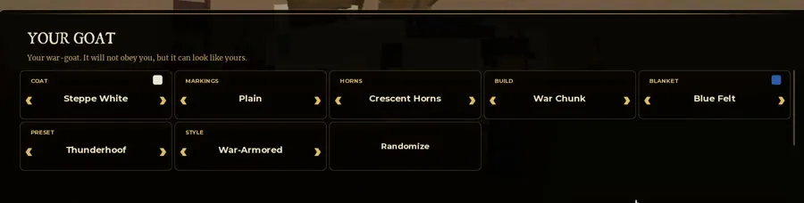 The in-game Your Goat panel, headed 'Your war-goat. It will not obey you, but it can look like yours', with slots for coat, markings, horns, build, blanket, preset and style